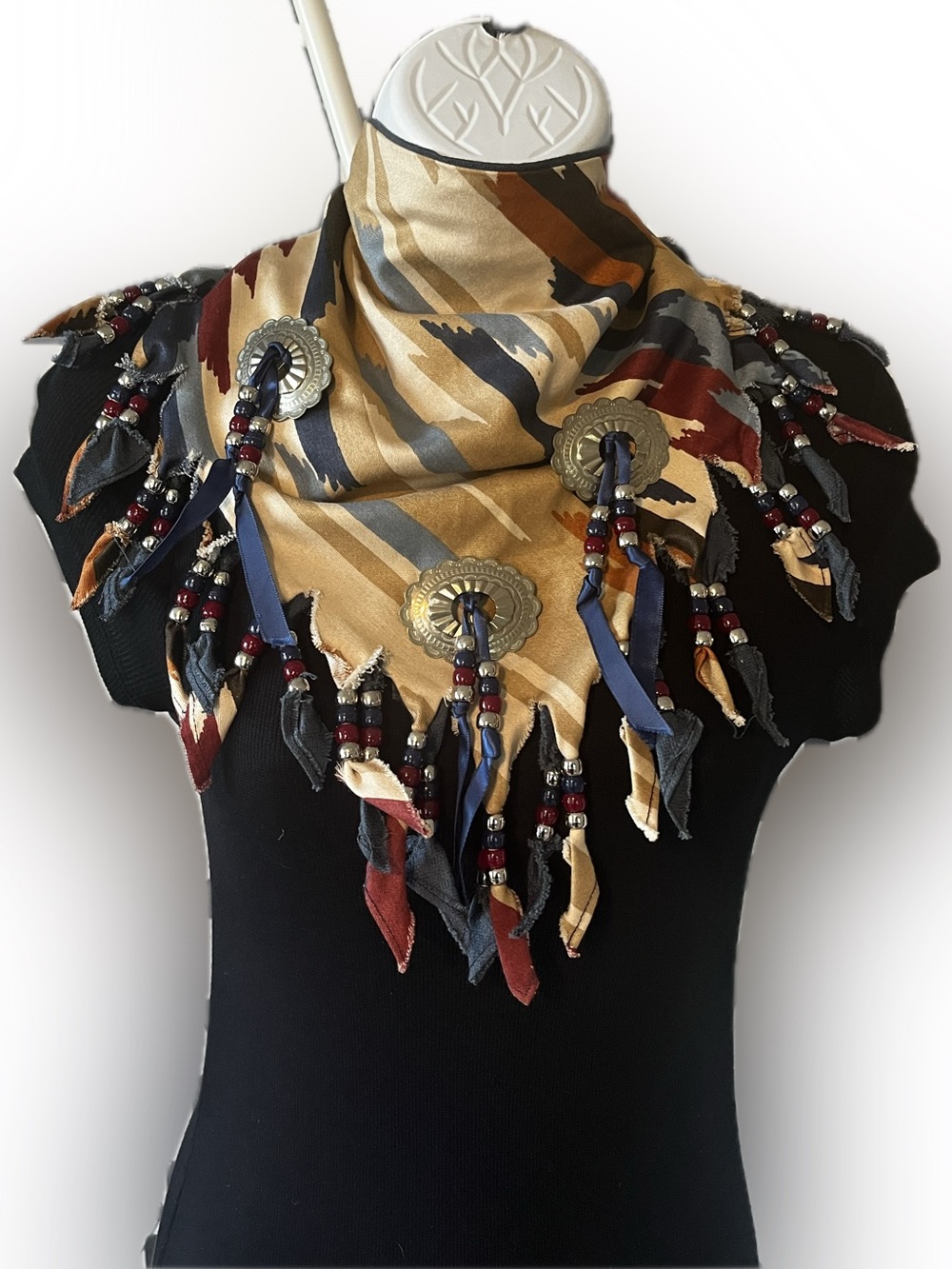 Boho Beaded Fringe Multi-Color Southwest Women's Scarf with Silver Conchos